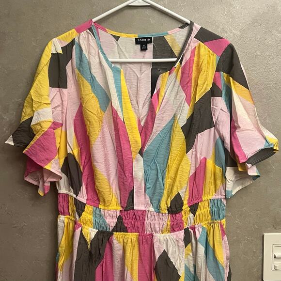 NWT Torrid 0 L 12 Giant Geo Tiered Maxi Dress Plus Pink Yellow Pockets - Picture 16 of 16